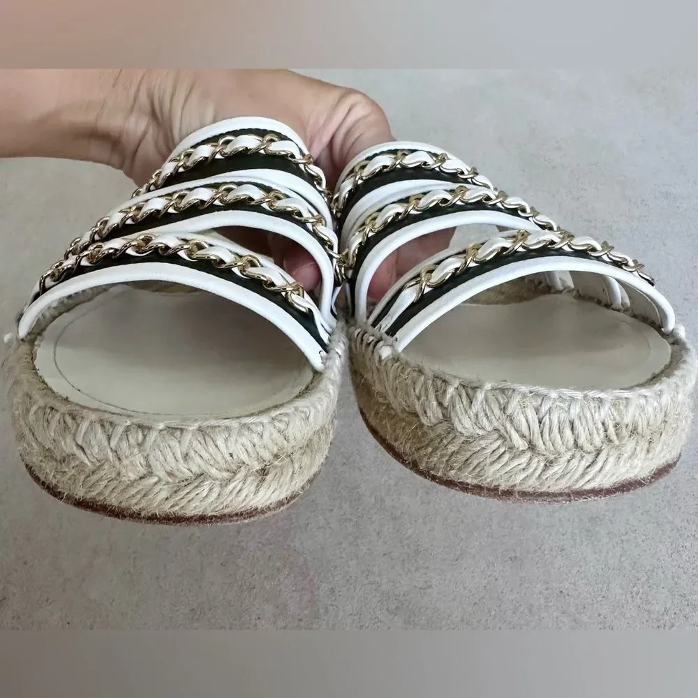 CHANEL Chain Lambskin Espadrille Slip On Sandals  EU 37 US 6-6.5 Black & White